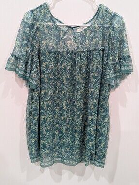 Max Studio Teal Green Floral Sheer Ruffle Sleeve Blouse